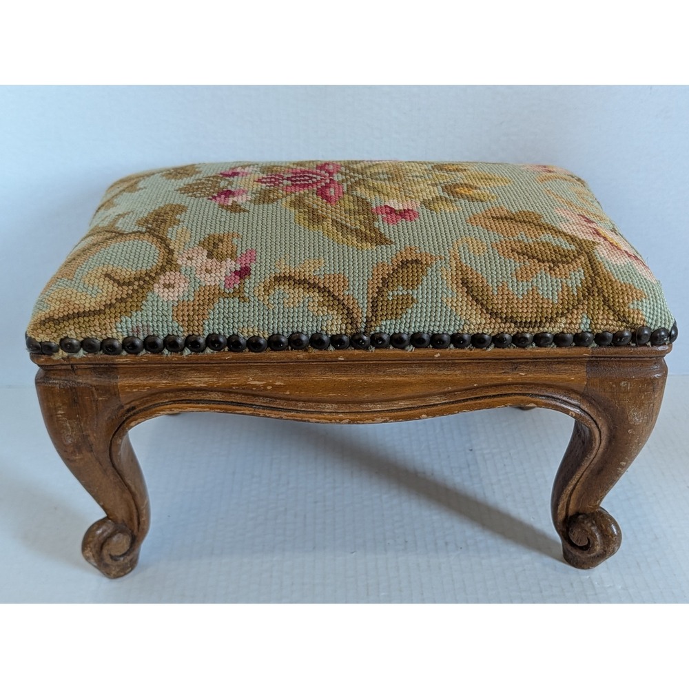 Vintage French Style Needlepoint Footstool Floral Wood Ottoman Bench Upholstered